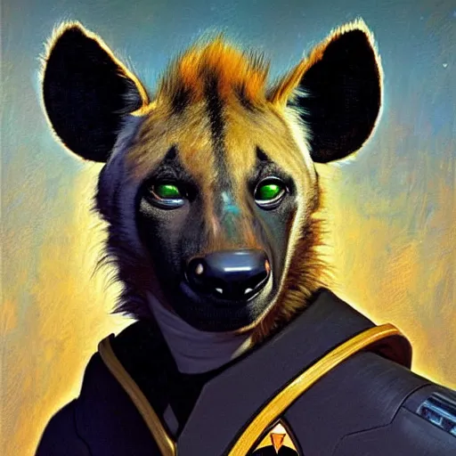 Prompt: a portrait of a hyena hyenaman canine star trek in a starfleet uniform chief engineer. zootopia fursona furaffinity highly detailed painting by gaston bussiere craig mullins jc leyendecker gustav klimt artgerm greg rutkowski furry