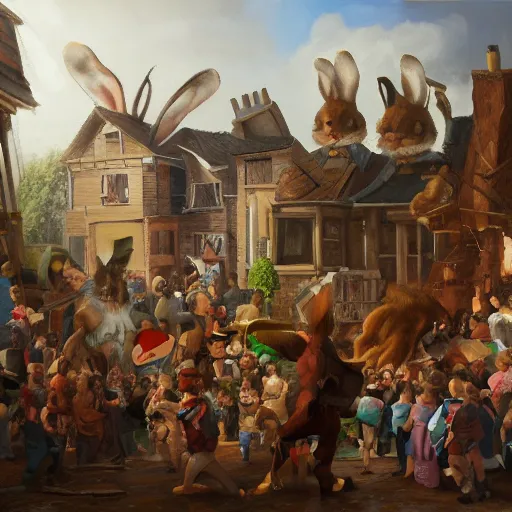 Image similar to a highly detailed oil painting of a giant rabbit smashing houses, renaissance, bystanders watching from the sides, 4 k, by ariduka 5 5, monokubo, artstation,