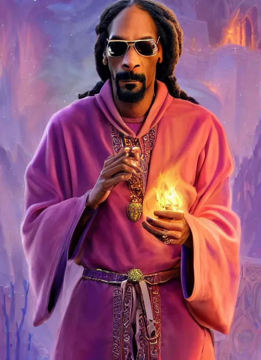 Image similar to snoop dogg as a mage, short beard, grumpy, intricate purple robes, Ivan Aivakovsky, Boris Vallejo, epic fantasy character art, D&D Concept Art, full length, ultra Realistic, Regal, Refined, Detailed Digital Art, Exquisite detail, post-processing, masterpiece, Cinematic Lighting, Unreal Engine, 8k, HD,