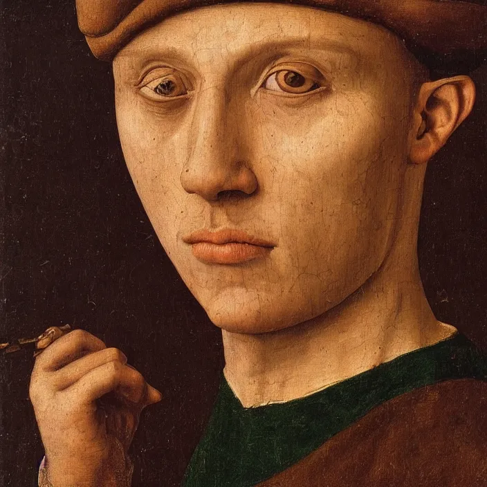 Prompt: close up portrait of a young alchemist with green eyes and visible veins. jan van eyck