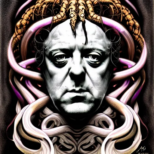 Image similar to an extremely psychedelic portrait of aleister crowley as medusa, surreal, lsd, face, detailed, intricate, elegant, lithe, highly detailed, digital painting, artstation, concept art, smooth, sharp focus, illustration