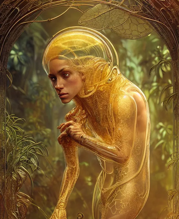 Image similar to intricate ornate opulent transparent clear see - through golden portrait of a beautiful male alien rat, mottled coloring, adorable, childlike, overgrown jungle environment, ultra realistic, concept art, art nouveau, photorealistic, octane render, 8 k, unreal engine. art by christopher marley and artgerm and greg rutkowski and alphonse mucha