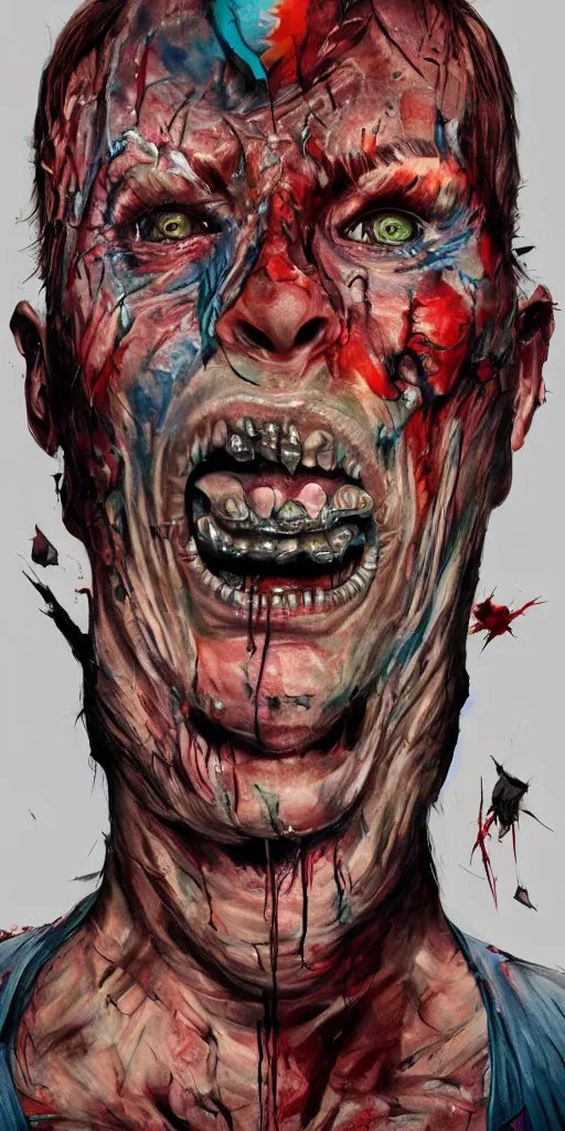 Image similar to Bright, colorful, realistic Serial killer rpg single individual headshot gore covered with scars and tattoos screaming, backlighting, kodachrome, high contrast, highly detailed, sharp focus, digital painting, concept art, illustration, trending on artstation, comic book by Alex Ross cover art