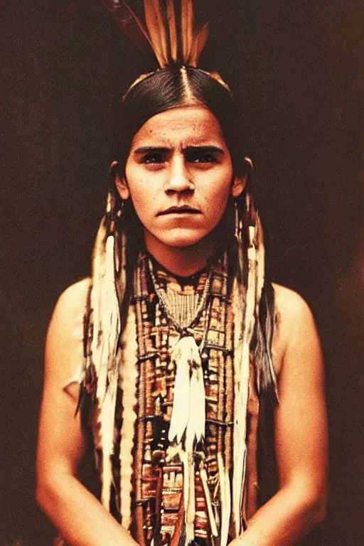 Image similar to “Photo of Native American indian woman Emma Watson, portrait, skilled warrior of the Chiricahua Apache, Lozen was the sister of Victorio a prominent Chief, showing pain and sadness on her face, ancient, realistic, detailed, emma watson”