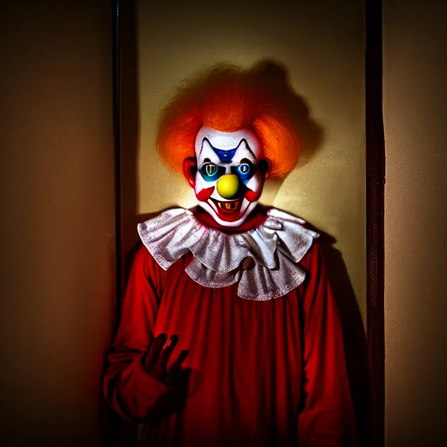 Prompt: creepy clown in your house at night, 8 k, hdr, smooth, award - winning photo