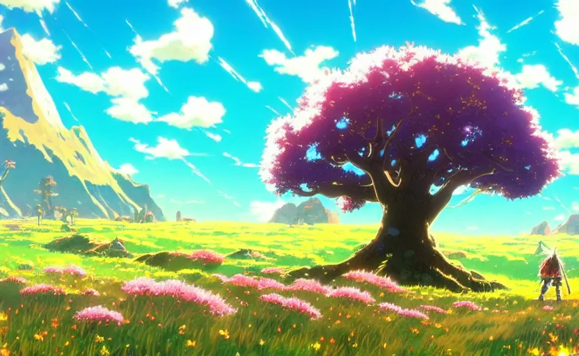 Image similar to fantastic anime sunny meadow with flowers, lone old Oak in the middle plane and mountains on the background, by Hayao Miyazaki, Nausicaa, Ghibli, Breath of the wild, Anime wallpaper