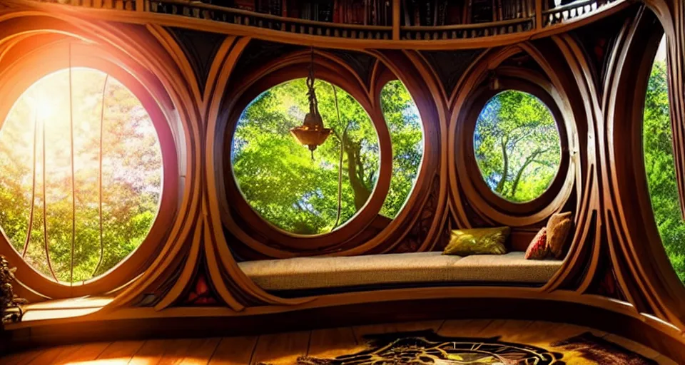 Image similar to An incredibly beautiful scene from a 2022 Marvel film featuring a cozy art nouveau reading nook balcony in a fantasy treehouse interior. 8K UHD.