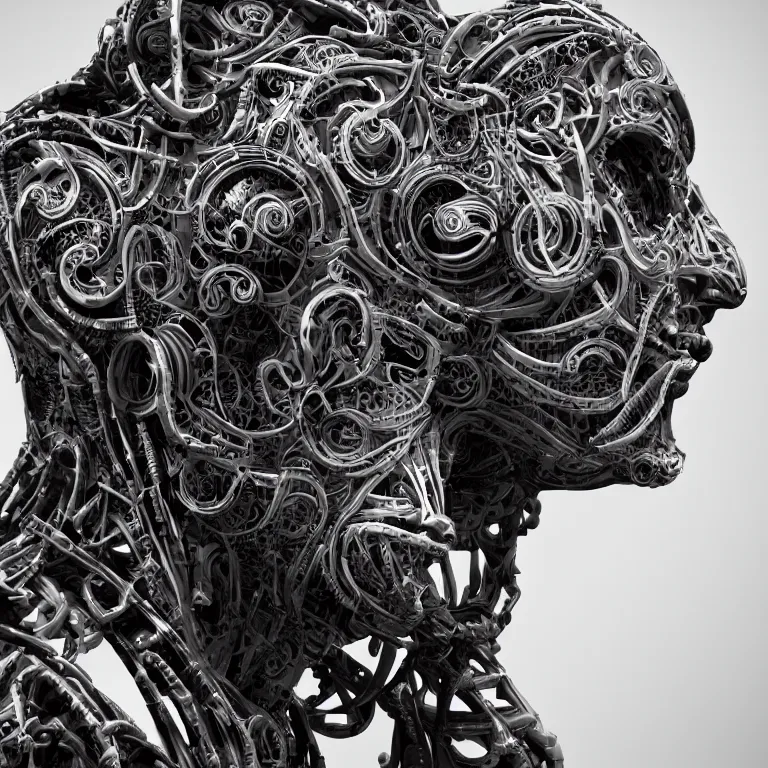 Image similar to surreal biomechanical spinal ribbed tribal exotic organic man face portrait of mechanical cyborg, beautiful detailed intricate insanely detailed BW 3D render digital art, octane render, 8K artistic photography, photorealistic