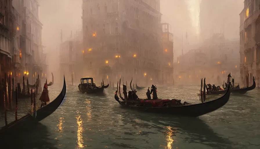 Image similar to Venice turned to a Dieselpunk city, steam, dieselpunk gondola, oil petroleum rivers, epic composition, intricate, elegant, volumetric lighting, digital painting, highly detailed, artstation, sharp focus, illustration, concept art, ruan jia, steve mccurry