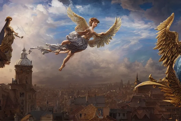 Prompt: a hyperrealistic render of an angelic band over rooftops in the baroque era, outdoor, art by Artgerm and Walter Crane and Seb Mckinnon and Greg Rutkowski and Alphonse Mucha, hearthstone art style, epic fantasty card game art, Beautiful dynamic dramatic moody lighting, shadows, cinematic, Octane, 8K