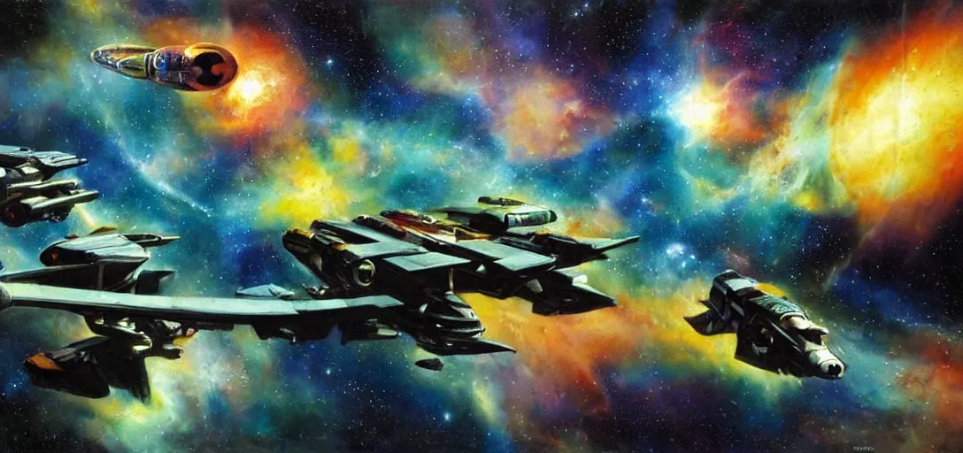 Prompt: a starship and spaceship battle across the oil painted nebula, lasers in mid flight, by chris foss, syd mead, ralph mcquarie, art station, high detail, award winning, psychedelic and glittering, cinematic composistion