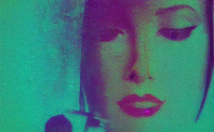 Prompt: vhs glitch art portrat of a woman hidden underneath a sheet, static colorful noise glitch, 1 9 8 0 s