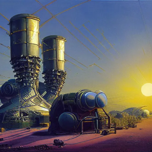 Image similar to painting of syd mead artlilery scifi organic shaped nuclear reactor with ornate metal work lands on a farm, fossil ornaments, volumetric lights, purple sun, andreas achenbach