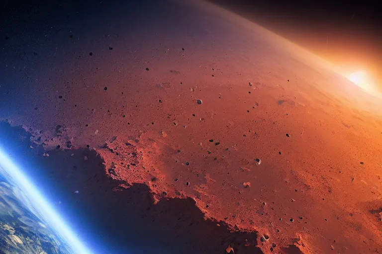 Prompt: collision of [ earth and mars ]!!, view from space!!, trending on artstation!!, contest winner, award winning, sharp, intricate, detailed, digital art, 4 k, cinematic still, theatrical atmosphere, sci - fi art, dark fantasy, wide screen, wide angle