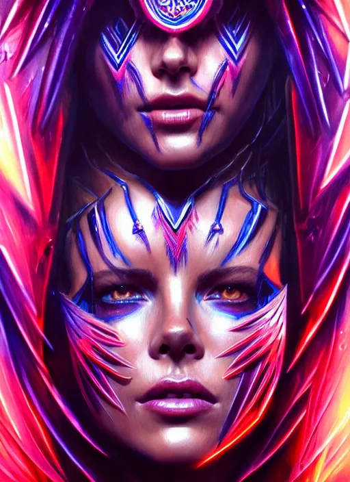 Image similar to hyper detailed ultra sharp aztec underworld warrior trance girl, kate beckinsale. trending on artstation, warpaint aesthetic, earthwave, colorful, neon, ornate, intricate, digital painting, concept art, smooth, sharp focus, illustration, art by artgerm and greg rutkowski and h. r. giger, 8 k