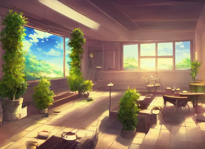 Prompt: anime background clean neat clarity professional visual development set design, cozy hall with big screen instead of one wall, sparse plants, dim painterly lighting volumetric aquatics, impasto, trending on pixiv