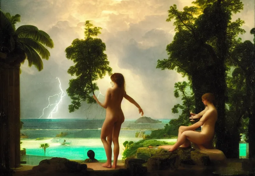 Image similar to Girl at the palace, refracted sparkles, thunderstorm, greek pool, beach and Tropical vegetation on the background major arcana sky, by paul delaroche, hyperrealistic 4k uhd, award-winning, very very very detailed