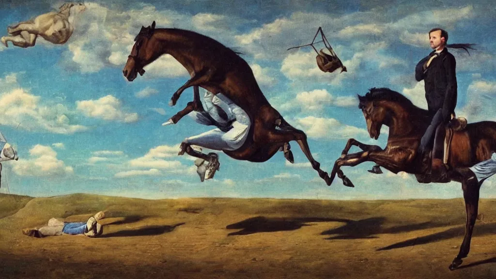 Prompt: a man is holding a horse, a horse is flying, a man is standing, a man is rooted to the ground, a horse riding an astronaut, surrealism, surrealist