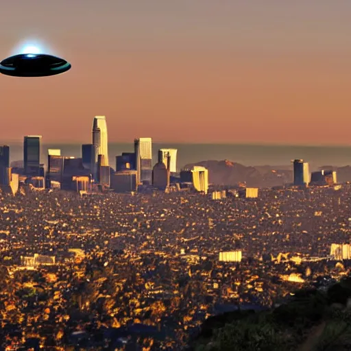 Image similar to actual photograph of UFO hovering over LA, award winning, golden hour,