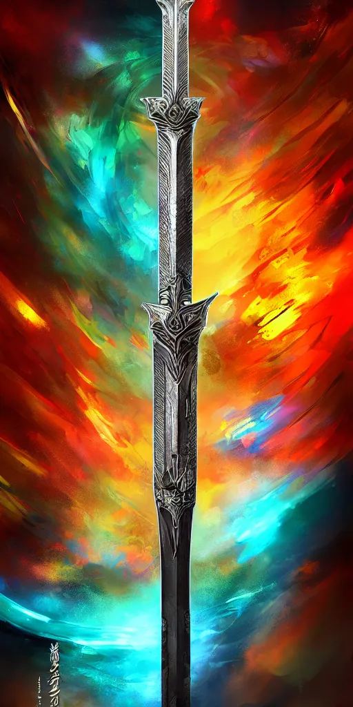 Prompt: A mythical sword from another universe, dramatic, artstation, colorful