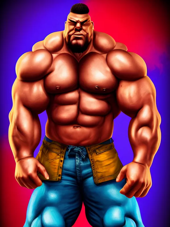 Prompt: big muscular man wearing a tanktop, by eric powell, hand drawn, comic book, gritty, full of color, vibrant colors, trending on artstation, ultra high detail, focused, unreal engine 5, octane render, glow