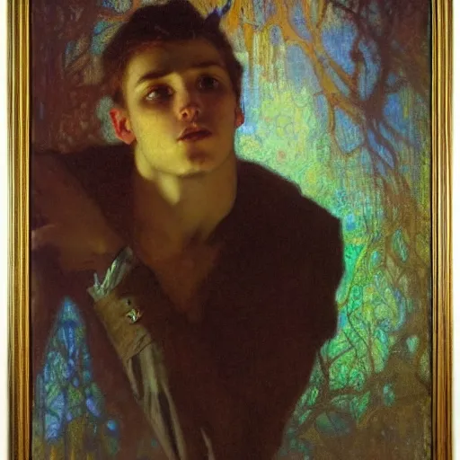 Prompt: eloquent soulful portrait of a haunted young man against bright background, oil painting, gaston bussiere, mucha, gerome,