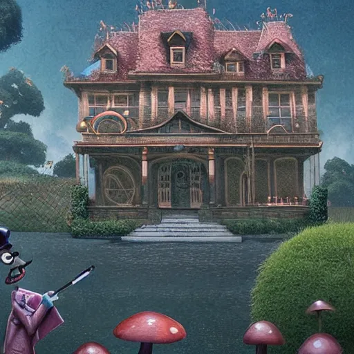 Image similar to A portrait of a scary godlike anthropomorphic frog smoking a cigarette , mansion made of mushrooms in background . award winning. superb resolution. in the art style of junji Ito and greg rutkowski . Detailed Mushroom city in background. Hyper realistic anime. Perfect art. Dalle2