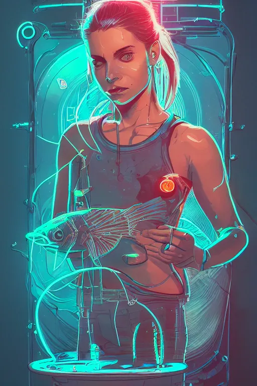 Prompt: portrait of a girl with a biomechanic scale fish and neon light by Laurie Greasley and Greg Rutkowski , digital painting, highly detailed, trending on artstation