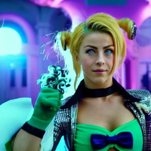 Image similar to cinematic scene with julianne hough as jolyne from jojo's bizarre adventure, live action film, stone ocean, dramatic, small details, volumetric lighting, still frame