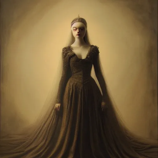 Image similar to a striking hyper real painting of Elle Fanning, dark, metal, by Gustave Dore