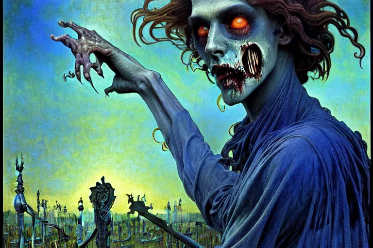 Image similar to realistic detailed portrait painting of a beautiful male zombie, nightly graveyard landscape background by Jean Delville, Amano, Yves Tanguy, Alphonse Mucha, Ernst Haeckel, Edward Robert Hughes, Roger Dean, masterpiece, cinematic composition, dramatic pose, 4k details, rich moody colours, blue eyes