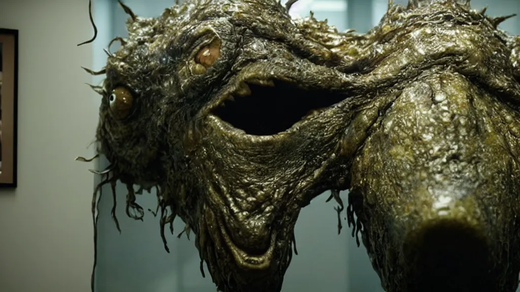 Prompt: the strange giant creature head in the office, made of oil and water, film still from the movie directed by Denis Villeneuve with art direction by Salvador Dalí