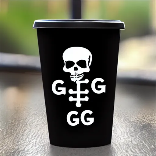Prompt: a cup with a skeleton saying'gg ez '!!! on it,'gg ez '!!! text on the cup