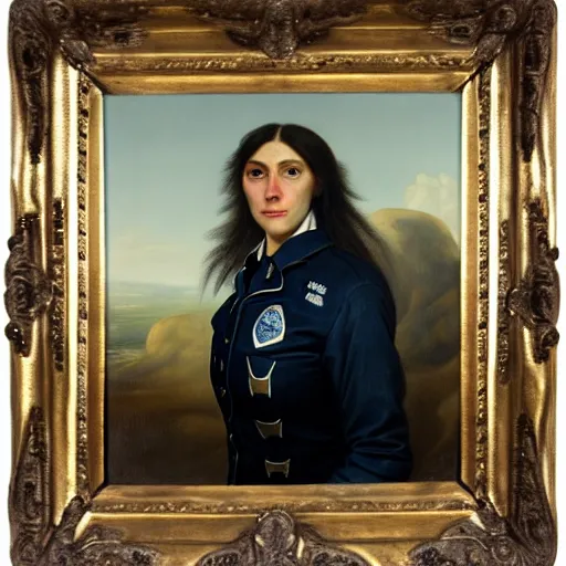 Image similar to a head - and - shoulders portrait of a female wolf wolfwoman wearing a police uniform looking off camera, an american romanticism painting, a portrait painting, cgsociety, soft focus, oil on canvas