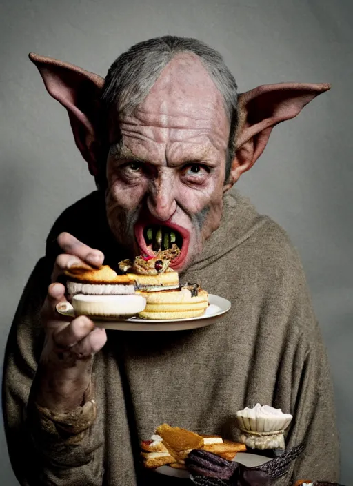 Image similar to closeup portrait of a medieval goblin eating cakes in the cloisters, depth of field, zeiss lens, detailed, symmetrical, centered, fashion photoshoot, by Annie Leibovitz and Steve McCurry, David Lazar, Jimmy Nelsson, Breathtaking, 8k resolution, extremely detailed, beautiful, establishing shot, artistic, hyperrealistic, beautiful face, octane render