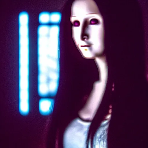 Image similar to cinematic movie still of cybernetic character named Mona Lisa in Neuromancer, futuristic eye implant, cyberpunk, XF IQ4, 150MP, 50mm, F1.4, ISO 200, 1/160s, twilight in the city