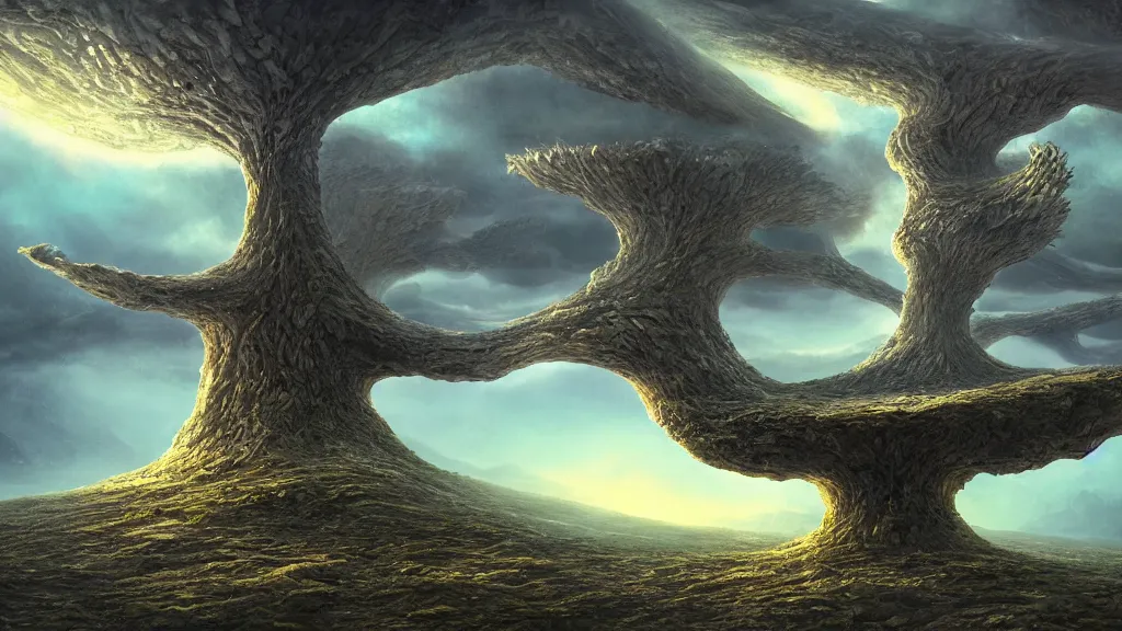 Prompt: gediminas pranckevicius an alien landscape view, alien sky, star in the sky, alien waterfall, weird alien trees, alien mountains, epic composition, 4 k, detailed, realistic