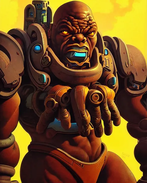 Image similar to doomfist from overwatch, aggressive expression, character portrait, portrait, close up, concept art, intricate details, highly detailed, vintage sci - fi poster, retro future, in the style of chris foss, rodger dean, moebius, michael whelan, and gustave dore