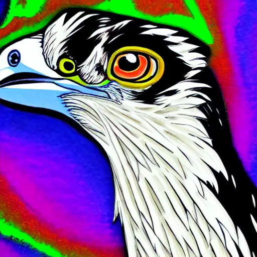 Image similar to extremely detailed cartoon osprey looking directly into camera psychedelic