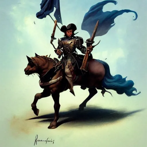 Image similar to ( ( ( brigganock dressed like a musketeer riding a tortoiseshell cat ) ) ), d & d, fantasy, medieval, greg rutkowski, frank frazetta, alexandre chaudret, boris vallejo, michael whelan, miro petrov, magali villeneuve