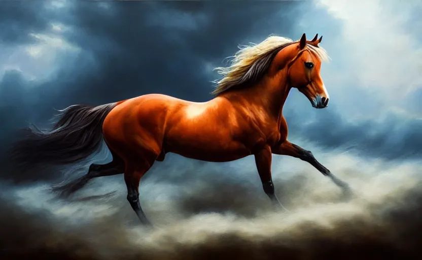 Image similar to a masterpiece oil painting of a proud horse galloping. wide angle, fantasy art, heroic lighting, very very very beautiful raytraced rendering, fog, finger of god