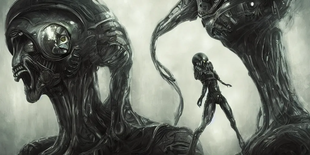 Image similar to portrait of advanced alien, his last moment, mystical, technology meets fantasy, concept art, art station, style of giger