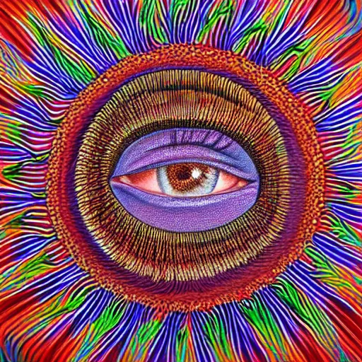 Image similar to Alex Grey painting of someone putting on a contact lens, ripples, repeating patterns