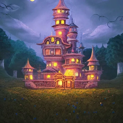 Image similar to highly detailed illustration of a mushroom castle at night, studio ghibli, ultra realistic, 4 k resolution, artstation