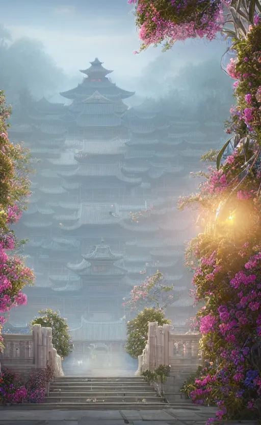 Image similar to vanishing point, palace covered with aqua blue roses like the forbidden city in distance at the red rose royal manor, viewed from afar, stephen bliss, misty, unreal engine, fantasy art by greg rutkowski, loish, ferdinand knab, and lois van rossdraws,, global illumination, radiant light, minimalist, detailed and intricate environment