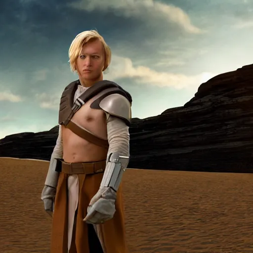 Prompt: a young blonde male jedi with short hair standing still looking at the sunset, over the shoulder shot, ots shot, third-person shot, full-length, head-to-toe, full body photography, extremely long shot, long shot, concept art by Doug Chiang cinematic, realistic painting, high definition, concept art, the Mandalorian concept art style