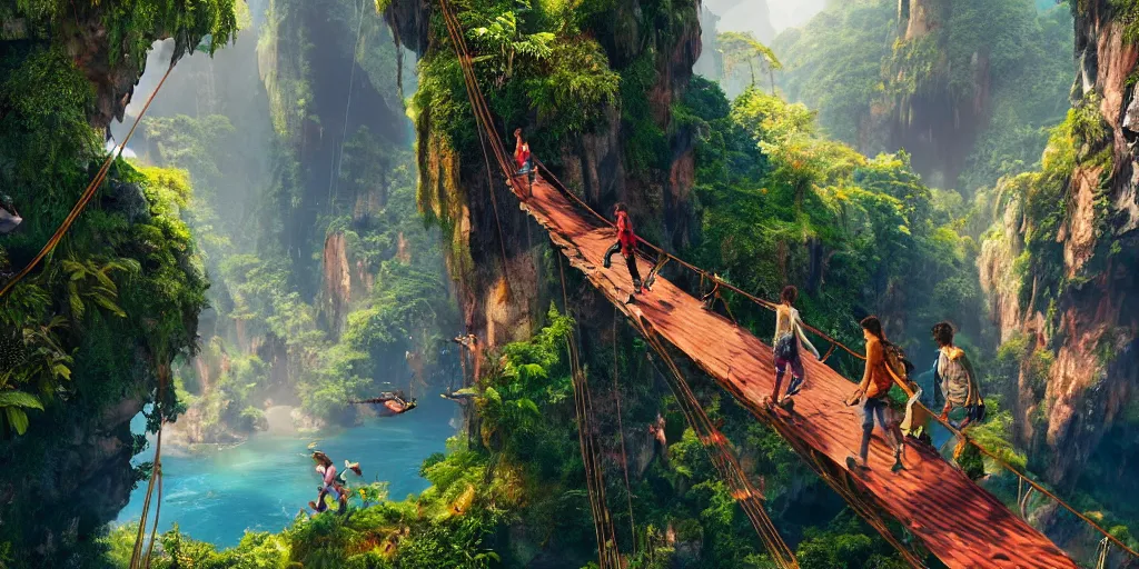 Image similar to wide angle view of colorful clothing fashion models crossing a suspended rope bridge over a deep canyon, mountainous jungle setting, trees, waterfall, river, rocks, dramatic lighting, highly detailed, artstation, unreal engine, matte painting in the style of craig mullins, Uncharted 4, fish eye lens, 8k HDR