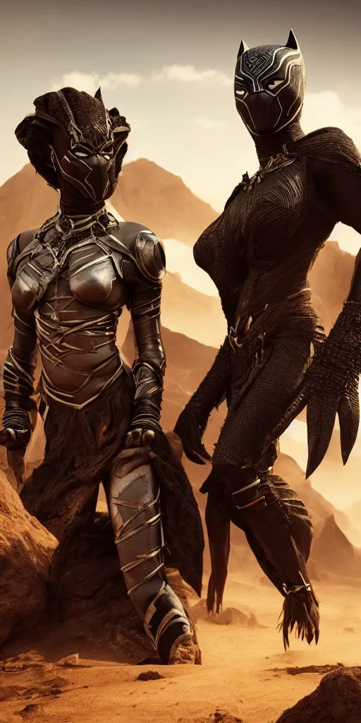 Image similar to two fighting tribeswoman,vertical composition, destroyed armor, inspired by monster hunter and westerns, muscular body, clean beautiful symmetrical face, subtle make up, epic,dramatic lighting, cinematic, establishing shot, extremely high detail, photorealistic, black panther the movie and dune the movie and cyberpunk, cinematic lighting, artstation, octane render, western,old photo, vintage