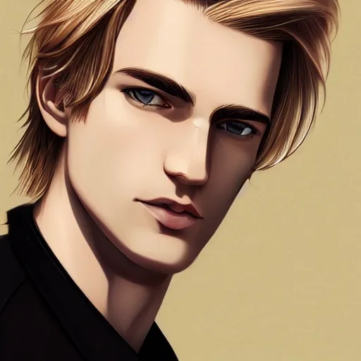 Image similar to a young blond man with long hair wearing a brown shirt, clean shaved, a character portrait by lydia field emmet, trending on cg society, photorealism, wiccan, handsome, ilya kuvshinov