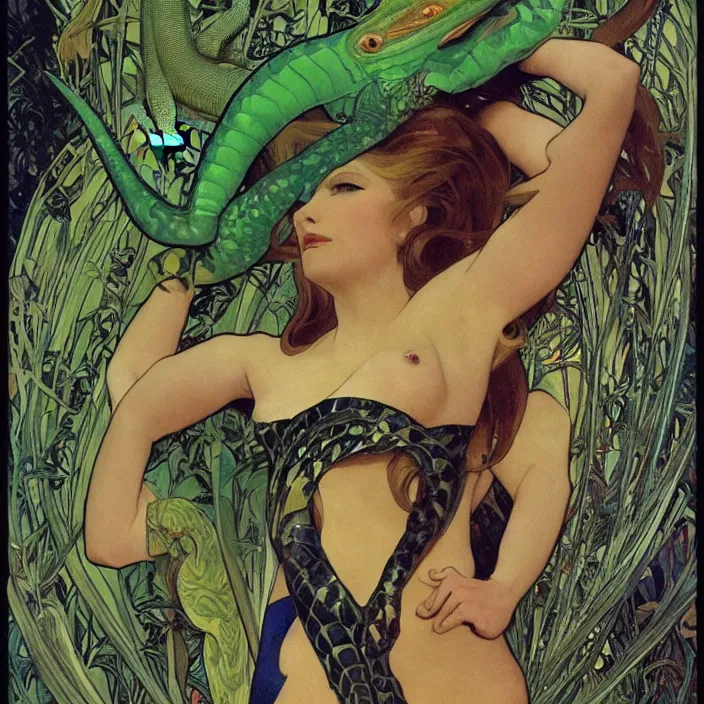 Image similar to the queen of lizards, full body, high fashion, latex, tropical, sharp, flowing, slick, highly detailed, motion, concept art, smooth, sharp focus, hd, art by alphonse mucha and matisse and annie leibovitz